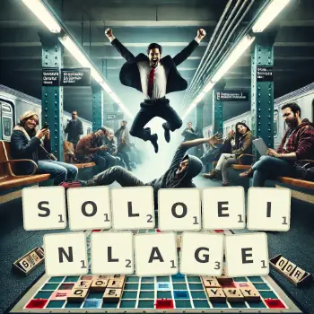 Kreative Illustration für ein Scrabble-Spiel, bei dem das Wort SOLOEINLAGE mit Steinen auf dem Brett gelegt wurde.