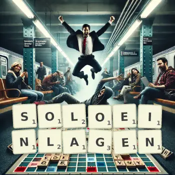 Kreative Illustration für ein Scrabble-Spiel, bei dem das Wort SOLOEINLAGEN mit Steinen auf dem Brett gelegt wurde.