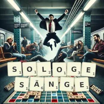 Kreative Illustration für ein Scrabble-Spiel, bei dem das Wort SOLOGESÄNGE mit Steinen auf dem Brett gelegt wurde.