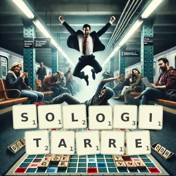 Kreative Illustration für ein Scrabble-Spiel, bei dem das Wort SOLOGITARRE mit Steinen auf dem Brett gelegt wurde.