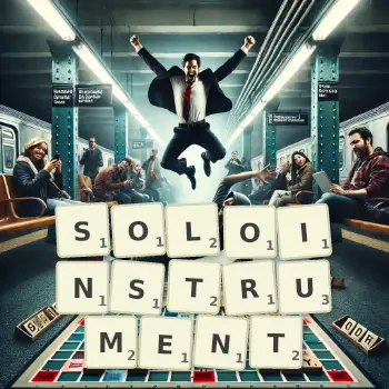 Kreative Illustration für ein Scrabble-Spiel, bei dem das Wort SOLOINSTRUMENT mit Steinen auf dem Brett gelegt wurde.