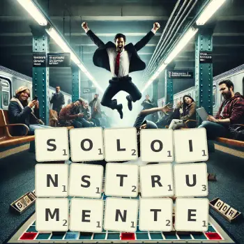 Kreative Illustration für ein Scrabble-Spiel, bei dem das Wort SOLOINSTRUMENTE mit Steinen auf dem Brett gelegt wurde.
