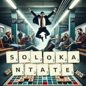 Kreative Illustration für ein Scrabble-Spiel, bei dem das Wort SOLOKANTATE mit Steinen auf dem Brett gelegt wurde.