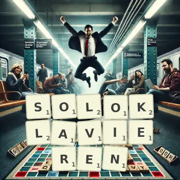 Kreative Illustration für ein Scrabble-Spiel, bei dem das Wort SOLOKLAVIEREN mit Steinen auf dem Brett gelegt wurde.