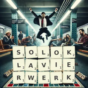 Kreative Illustration für ein Scrabble-Spiel, bei dem das Wort SOLOKLAVIERWERK mit Steinen auf dem Brett gelegt wurde.