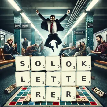 Kreative Illustration für ein Scrabble-Spiel, bei dem das Wort SOLOKLETTERER mit Steinen auf dem Brett gelegt wurde.