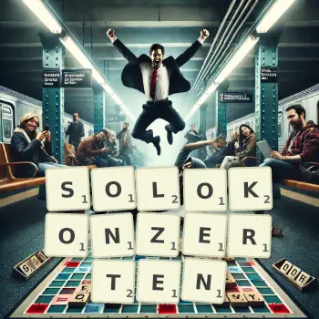 Kreative Illustration für ein Scrabble-Spiel, bei dem das Wort SOLOKONZERTEN mit Steinen auf dem Brett gelegt wurde.