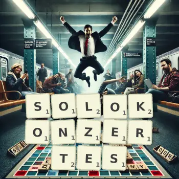 Kreative Illustration für ein Scrabble-Spiel, bei dem das Wort SOLOKONZERTES mit Steinen auf dem Brett gelegt wurde.