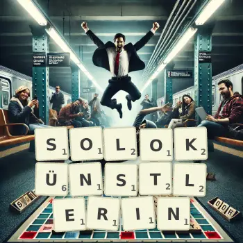 Kreative Illustration für ein Scrabble-Spiel, bei dem das Wort SOLOKÜNSTLERIN mit Steinen auf dem Brett gelegt wurde.