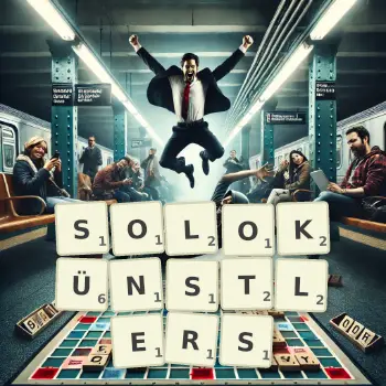 Kreative Illustration für ein Scrabble-Spiel, bei dem das Wort SOLOKÜNSTLERS mit Steinen auf dem Brett gelegt wurde.