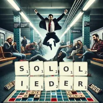 Kreative Illustration für ein Scrabble-Spiel, bei dem das Wort SOLOLIEDER mit Steinen auf dem Brett gelegt wurde.