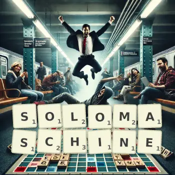 Kreative Illustration für ein Scrabble-Spiel, bei dem das Wort SOLOMASCHINE mit Steinen auf dem Brett gelegt wurde.