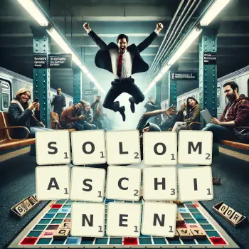 Kreative Illustration für ein Scrabble-Spiel, bei dem das Wort SOLOMASCHINEN mit Steinen auf dem Brett gelegt wurde.