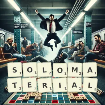 Kreative Illustration für ein Scrabble-Spiel, bei dem das Wort SOLOMATERIAL mit Steinen auf dem Brett gelegt wurde.