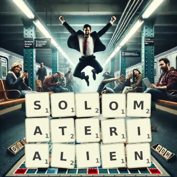 Kreative Illustration für ein Scrabble-Spiel, bei dem das Wort SOLOMATERIALIEN mit Steinen auf dem Brett gelegt wurde.