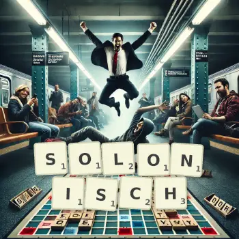 Kreative Illustration für ein Scrabble-Spiel, bei dem das Wort SOLONISCH mit Steinen auf dem Brett gelegt wurde.