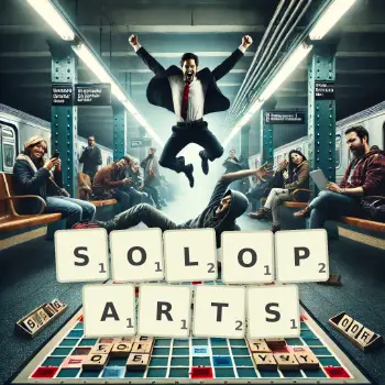 Kreative Illustration für ein Scrabble-Spiel, bei dem das Wort SOLOPARTS mit Steinen auf dem Brett gelegt wurde.