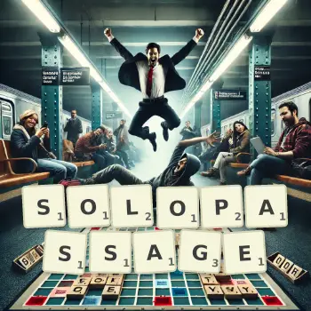 Kreative Illustration für ein Scrabble-Spiel, bei dem das Wort SOLOPASSAGE mit Steinen auf dem Brett gelegt wurde.