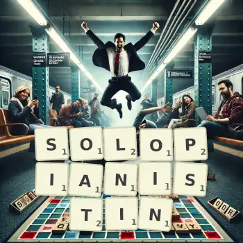 Kreative Illustration für ein Scrabble-Spiel, bei dem das Wort SOLOPIANISTIN mit Steinen auf dem Brett gelegt wurde.