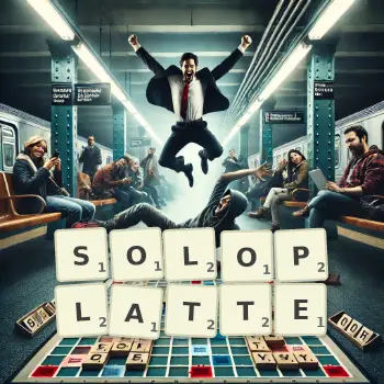 Kreative Illustration für ein Scrabble-Spiel, bei dem das Wort SOLOPLATTE mit Steinen auf dem Brett gelegt wurde.