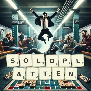 Kreative Illustration für ein Scrabble-Spiel, bei dem das Wort SOLOPLATTEN mit Steinen auf dem Brett gelegt wurde.