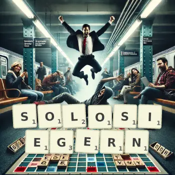 Kreative Illustration für ein Scrabble-Spiel, bei dem das Wort SOLOSIEGERN mit Steinen auf dem Brett gelegt wurde.