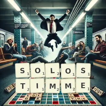 Kreative Illustration für ein Scrabble-Spiel, bei dem das Wort SOLOSTIMME mit Steinen auf dem Brett gelegt wurde.