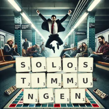 Kreative Illustration für ein Scrabble-Spiel, bei dem das Wort SOLOSTIMMUNGEN mit Steinen auf dem Brett gelegt wurde.