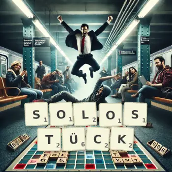 Kreative Illustration für ein Scrabble-Spiel, bei dem das Wort SOLOSTÜCK mit Steinen auf dem Brett gelegt wurde.