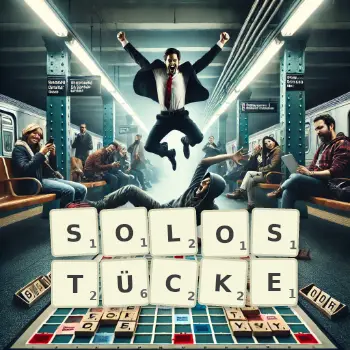 Kreative Illustration für ein Scrabble-Spiel, bei dem das Wort SOLOSTÜCKE mit Steinen auf dem Brett gelegt wurde.