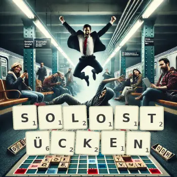 Kreative Illustration für ein Scrabble-Spiel, bei dem das Wort SOLOSTÜCKEN mit Steinen auf dem Brett gelegt wurde.