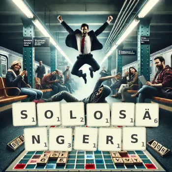 Kreative Illustration für ein Scrabble-Spiel, bei dem das Wort SOLOSÄNGERS mit Steinen auf dem Brett gelegt wurde.