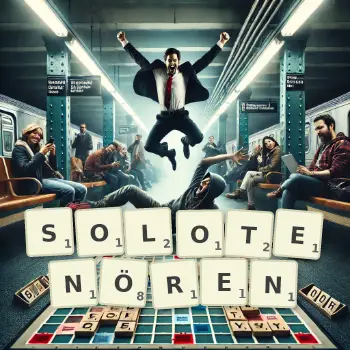 Kreative Illustration für ein Scrabble-Spiel, bei dem das Wort SOLOTENÖREN mit Steinen auf dem Brett gelegt wurde.