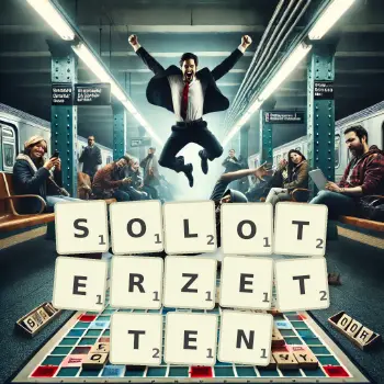 Kreative Illustration für ein Scrabble-Spiel, bei dem das Wort SOLOTERZETTEN mit Steinen auf dem Brett gelegt wurde.