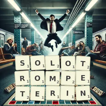 Kreative Illustration für ein Scrabble-Spiel, bei dem das Wort SOLOTROMPETERIN mit Steinen auf dem Brett gelegt wurde.