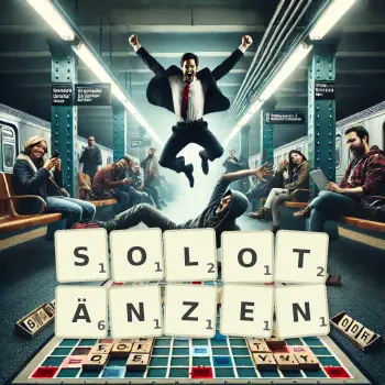 Kreative Illustration für ein Scrabble-Spiel, bei dem das Wort SOLOTÄNZEN mit Steinen auf dem Brett gelegt wurde.