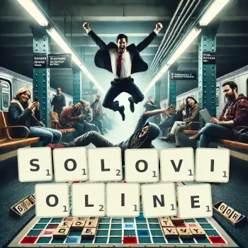 Kreative Illustration für ein Scrabble-Spiel, bei dem das Wort SOLOVIOLINE mit Steinen auf dem Brett gelegt wurde.