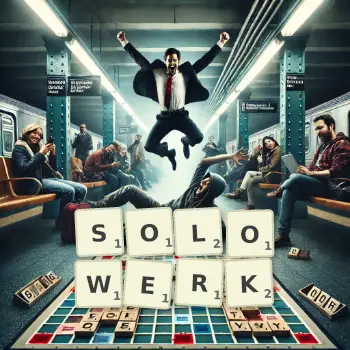 Kreative Illustration für ein Scrabble-Spiel, bei dem das Wort SOLOWERK mit Steinen auf dem Brett gelegt wurde.