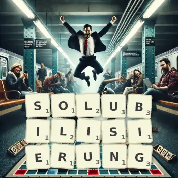 Kreative Illustration für ein Scrabble-Spiel, bei dem das Wort SOLUBILISIERUNG mit Steinen auf dem Brett gelegt wurde.