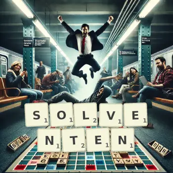 Kreative Illustration für ein Scrabble-Spiel, bei dem das Wort SOLVENTEN mit Steinen auf dem Brett gelegt wurde.