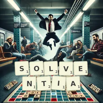 Kreative Illustration für ein Scrabble-Spiel, bei dem das Wort SOLVENTIA mit Steinen auf dem Brett gelegt wurde.