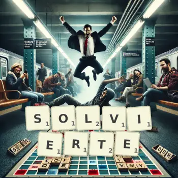 Kreative Illustration für ein Scrabble-Spiel, bei dem das Wort SOLVIERTE mit Steinen auf dem Brett gelegt wurde.