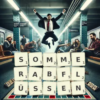Kreative Illustration für ein Scrabble-Spiel, bei dem das Wort SOMMERABFLÜSSEN mit Steinen auf dem Brett gelegt wurde.