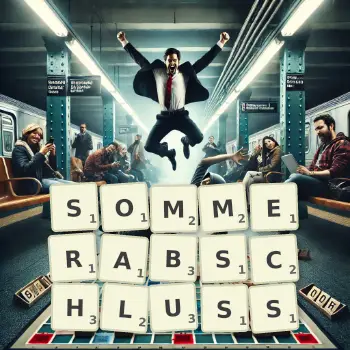 Kreative Illustration für ein Scrabble-Spiel, bei dem das Wort SOMMERABSCHLUSS mit Steinen auf dem Brett gelegt wurde.