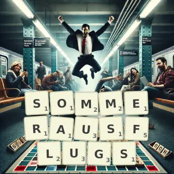 Kreative Illustration für ein Scrabble-Spiel, bei dem das Wort SOMMERAUSFLUGS mit Steinen auf dem Brett gelegt wurde.