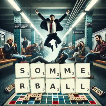 Kreative Illustration für ein Scrabble-Spiel, bei dem das Wort SOMMERBALL mit Steinen auf dem Brett gelegt wurde.