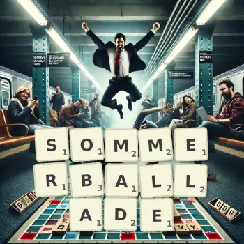 Kreative Illustration für ein Scrabble-Spiel, bei dem das Wort SOMMERBALLADE mit Steinen auf dem Brett gelegt wurde.