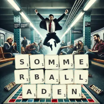 Kreative Illustration für ein Scrabble-Spiel, bei dem das Wort SOMMERBALLADEN mit Steinen auf dem Brett gelegt wurde.