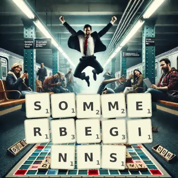 Kreative Illustration für ein Scrabble-Spiel, bei dem das Wort SOMMERBEGINNS mit Steinen auf dem Brett gelegt wurde.