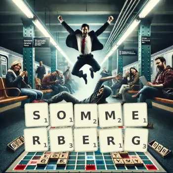 Kreative Illustration für ein Scrabble-Spiel, bei dem das Wort SOMMERBERG mit Steinen auf dem Brett gelegt wurde.